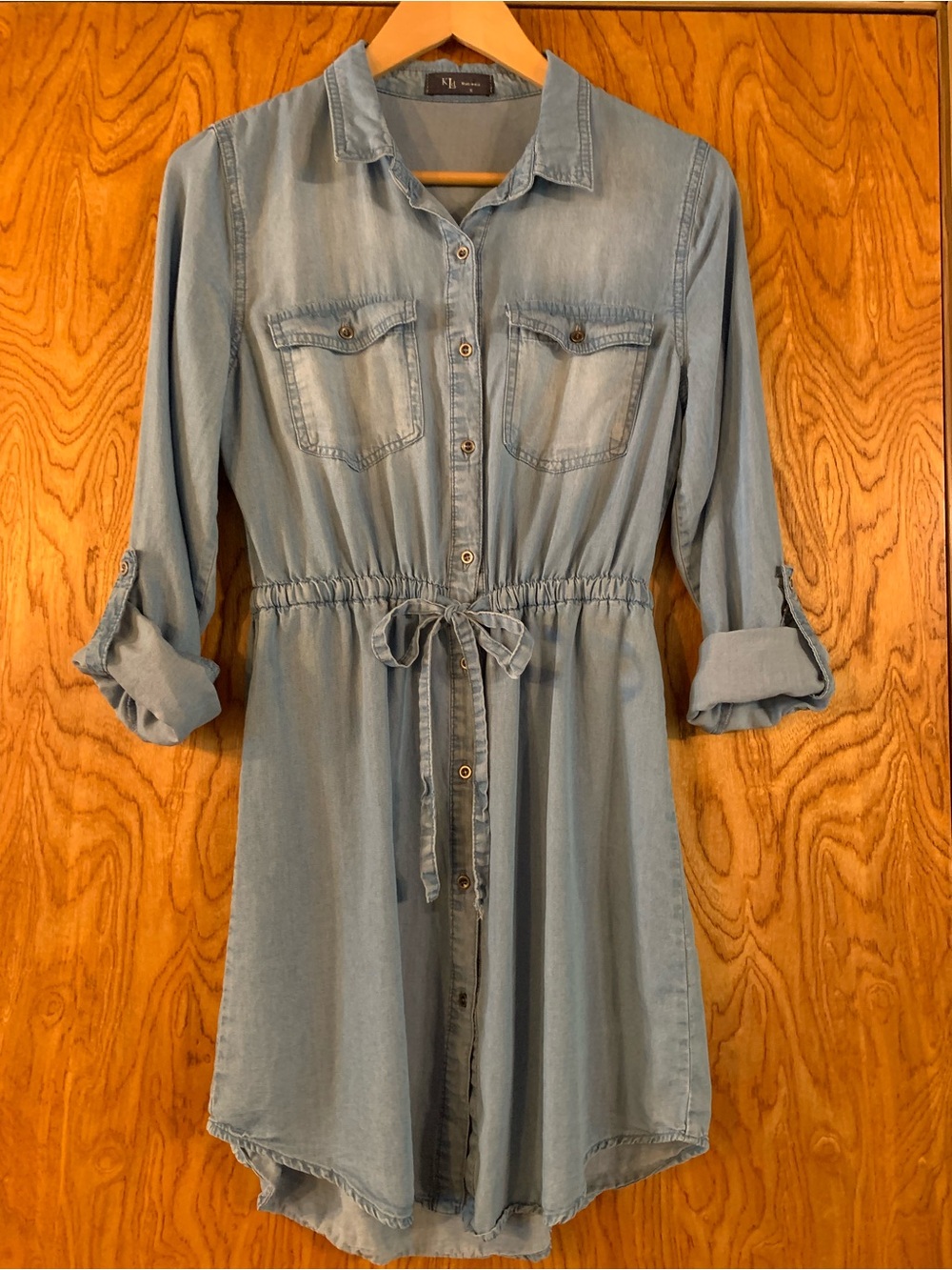 Light Blue Denim Shirt Dress with Drawstring